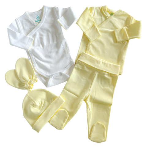 Ajuar 5 piezas amarillo Algodón PIMA (PACK CLÍNICA)