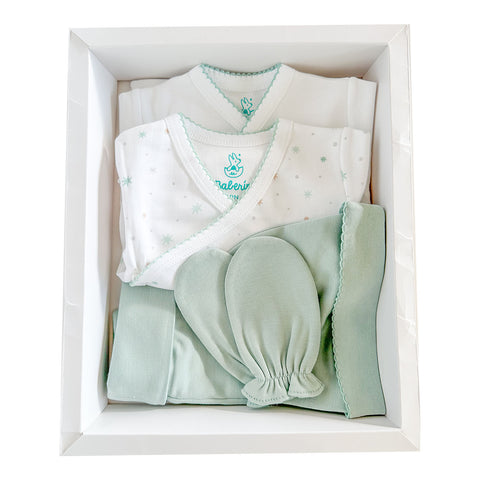 Ajuar 5 piezas menta Algodón PIMA (PACK CLÍNICA)