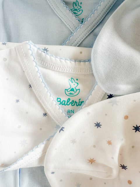Ajuar 5 piezas celeste Algodón PIMA (PACK CLÍNICA)