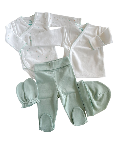 Ajuar 5 piezas menta Algodón PIMA (PACK CLÍNICA)