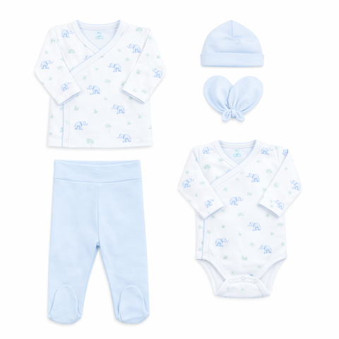 Ajuar elefante celeste 5 piezas algodón PIMA (PACK CLÍNICA)