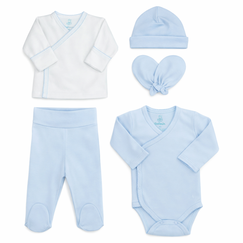 Ajuar celeste 5 piezas algodón PIMA (PACK CLÍNICA)