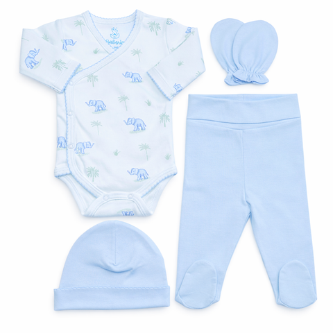 Ajuar elefante celeste algodón PIMA (4 piezas)