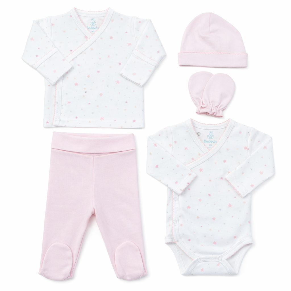 Ajuar estrella rosa 5 piezas algodón PIMA (PACK CLÍNICA)