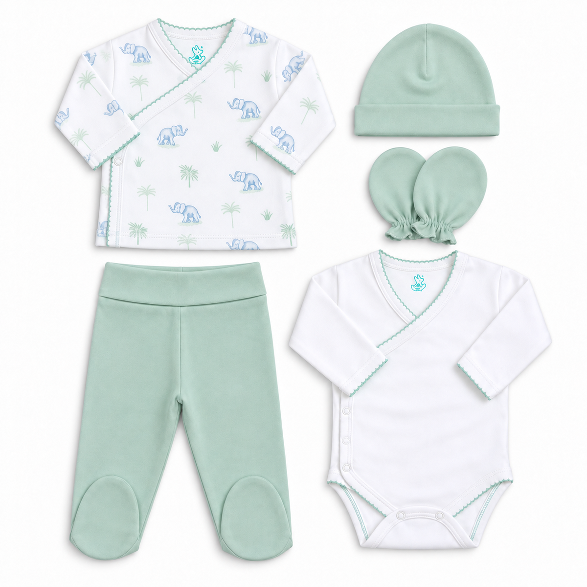 Ajuar menta 5 piezas algodón PIMA (PACK CLÍNICA)