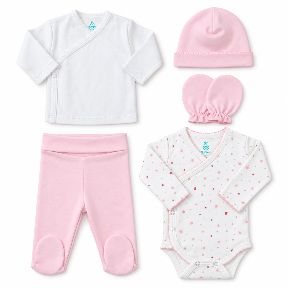 Ajuar rosa estrella 5 piezas algodón PIMA (PACK CLÍNICA)