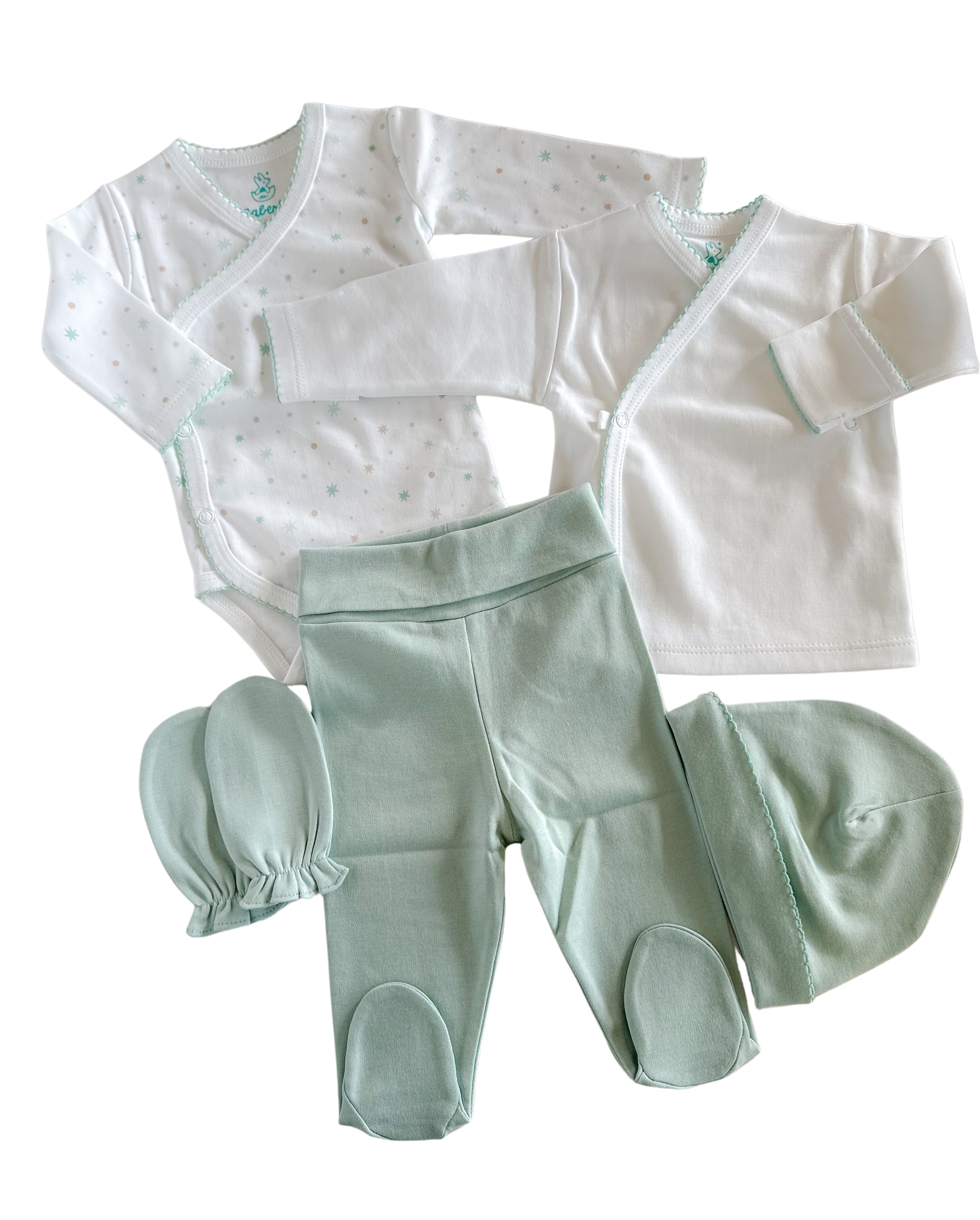 Ajuar menta 5 piezas algodón PIMA (PACK CLÍNICA)